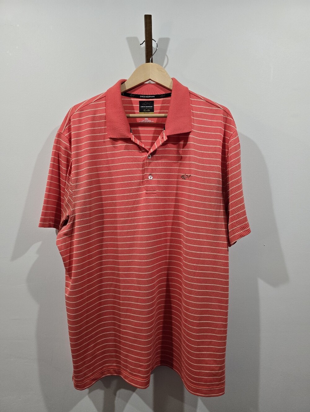 Greg Norman Tasso Elba Five Iron Play Dry Golf Polo Shirt Coral Striped Mens XXL